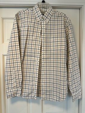 J. Crew Cream Plaid Button-Down Shirt with Navy and Tan Grid in Very Good